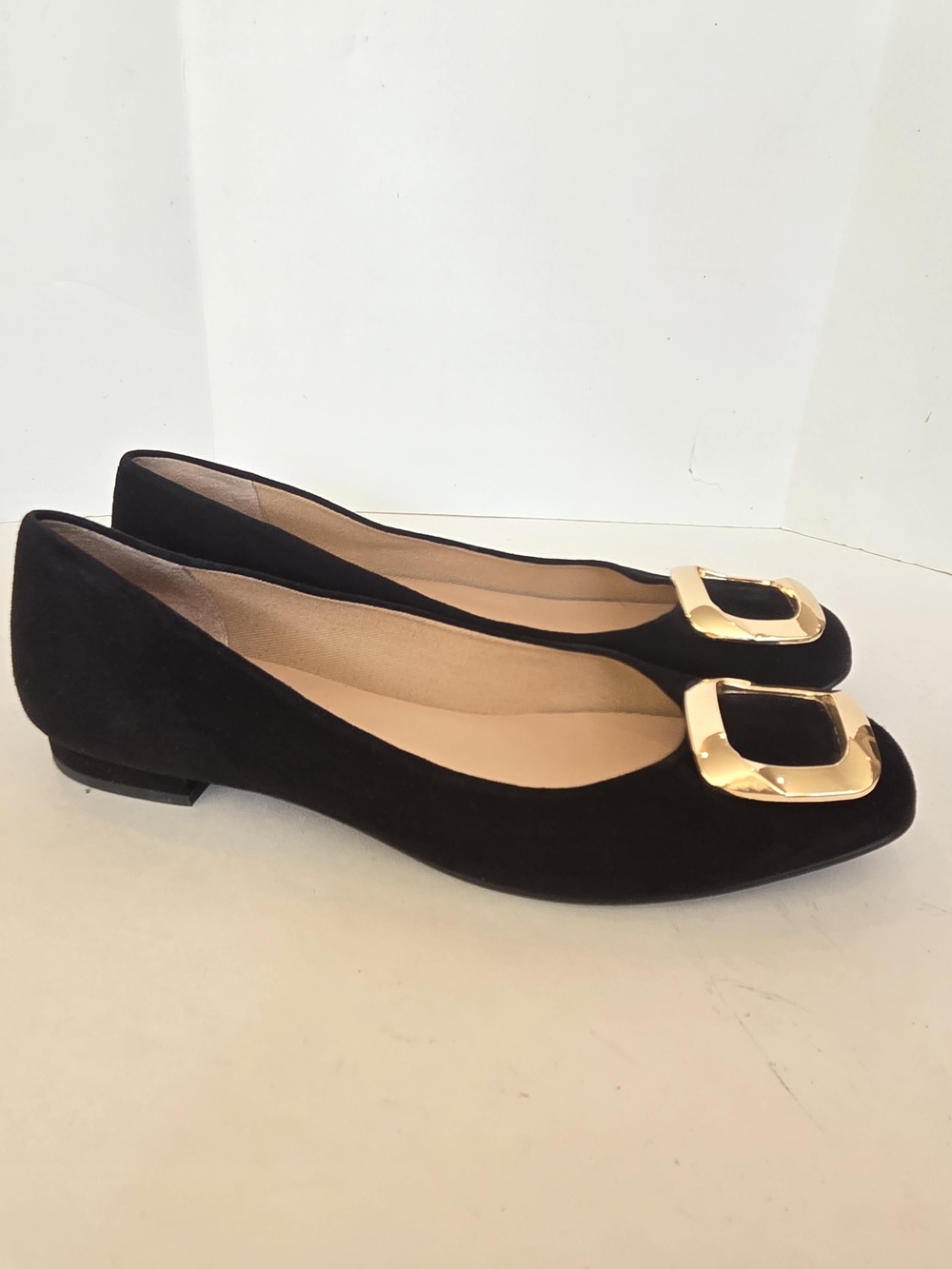 French Sole Black Suede Flats with Gold Buckle Accent